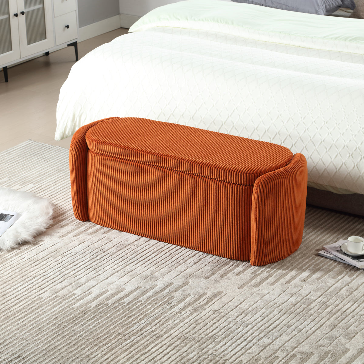 House Hold Storage Ottoman,Bedroom End Bench,Upholstered Fabric Storage Ottoman with Safety Hinge, Entryway Padded Footstool, Ottoman Bench for Living Room & Bedroom (Orange)