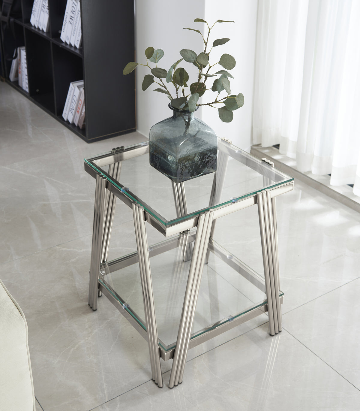 20 Inch Square End Table, Modern Stainless Steel End Table, Double-Layer Clear Tempered Glass Coffee Table, Side Table with Storage, for Living Room Home Office, Silver