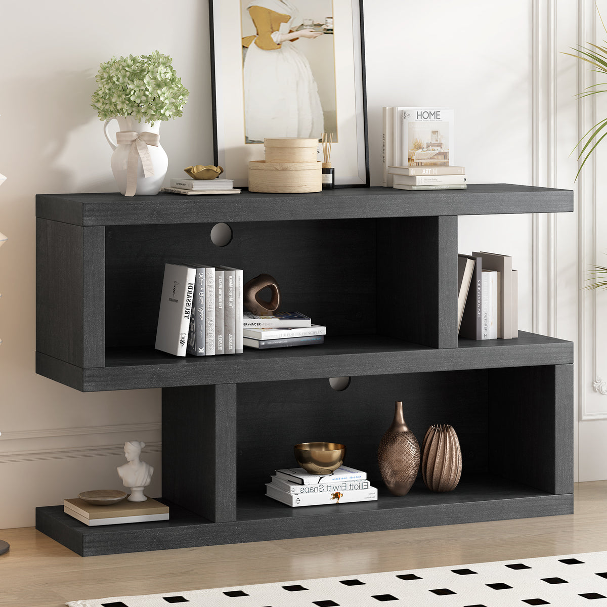 TREXM Narrow Console Table with Symmetrical Design, Retro Entryway Table with 2-Tier Open Shelf, Sofa Table for Entryway, Hallway and Living Room (Black)