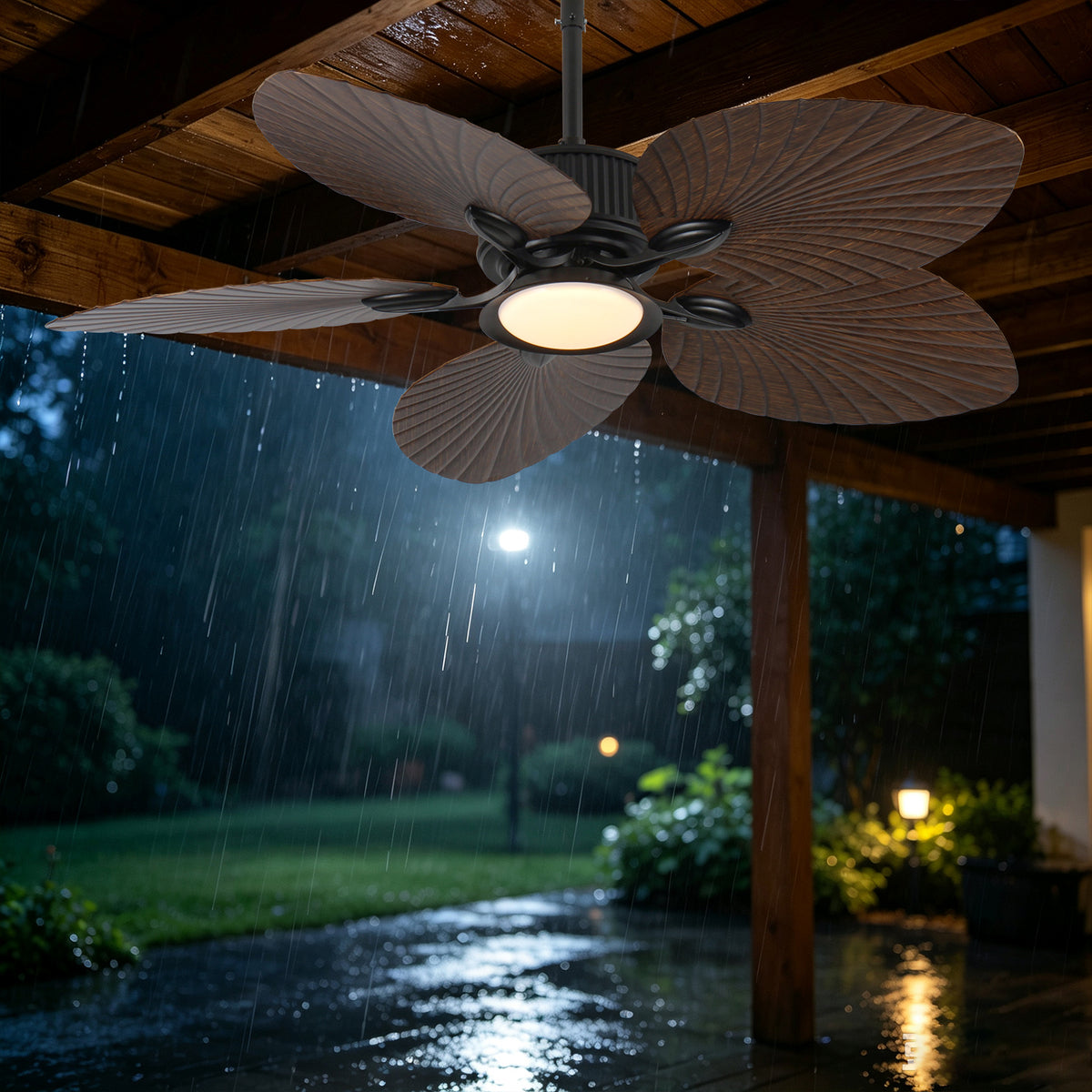 52 Inch Tropical Palm Leaf Wet Rated Outdoor Ceiling Fan with Light, 6-Speed, Remote & Plug-in, for Patio Porch Gazebo
