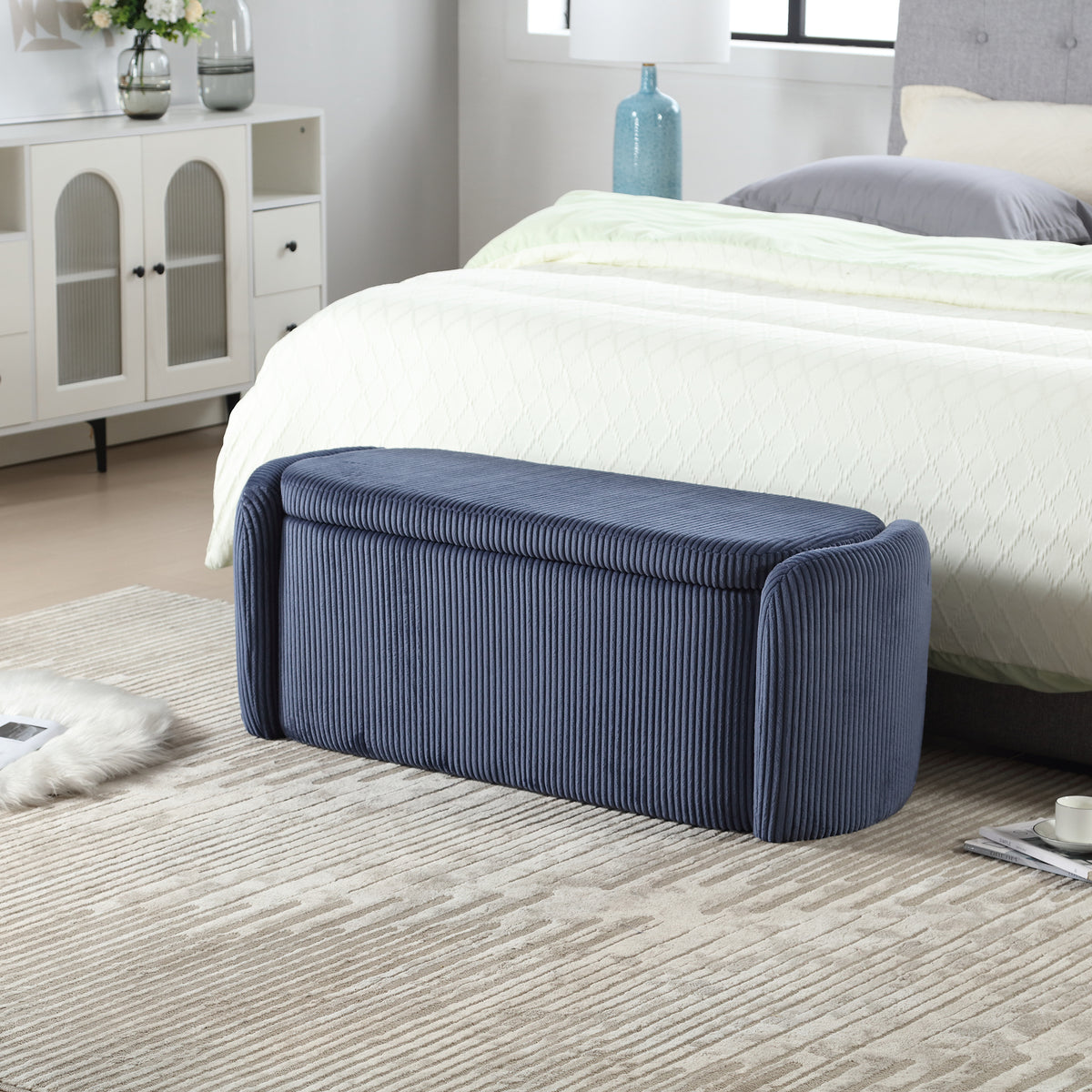 House Hold Storage Ottoman,Bedroom End Bench,Upholstered Fabric Storage Ottoman with Safety Hinge, Entryway Padded Footstool, Ottoman Bench for Living Room & Bedroom (Navy)