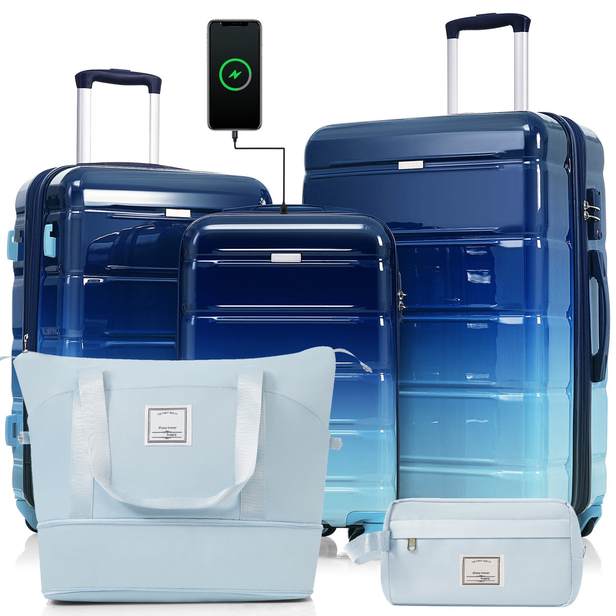 Luggage Sets 5 Piece, 20-inch with USB Port, ABS Durable Suitcase with Travel Bag, ABS+PC Hard Shell Luggage with Spinner Wheels, navy